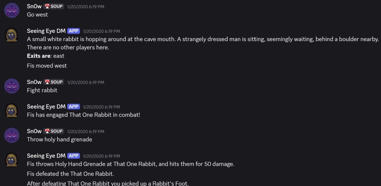 Discord DM: moving west and fighting a rabbit with a holy hand grenade