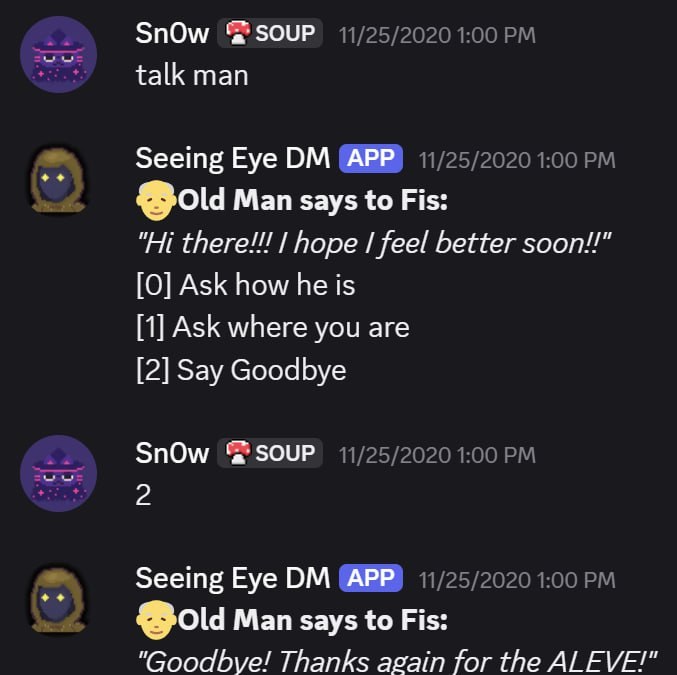 Discord DM: an NPC dialogue tree with numbered choices