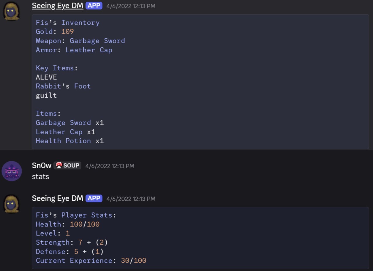 Discord DM: player inventory and stats
