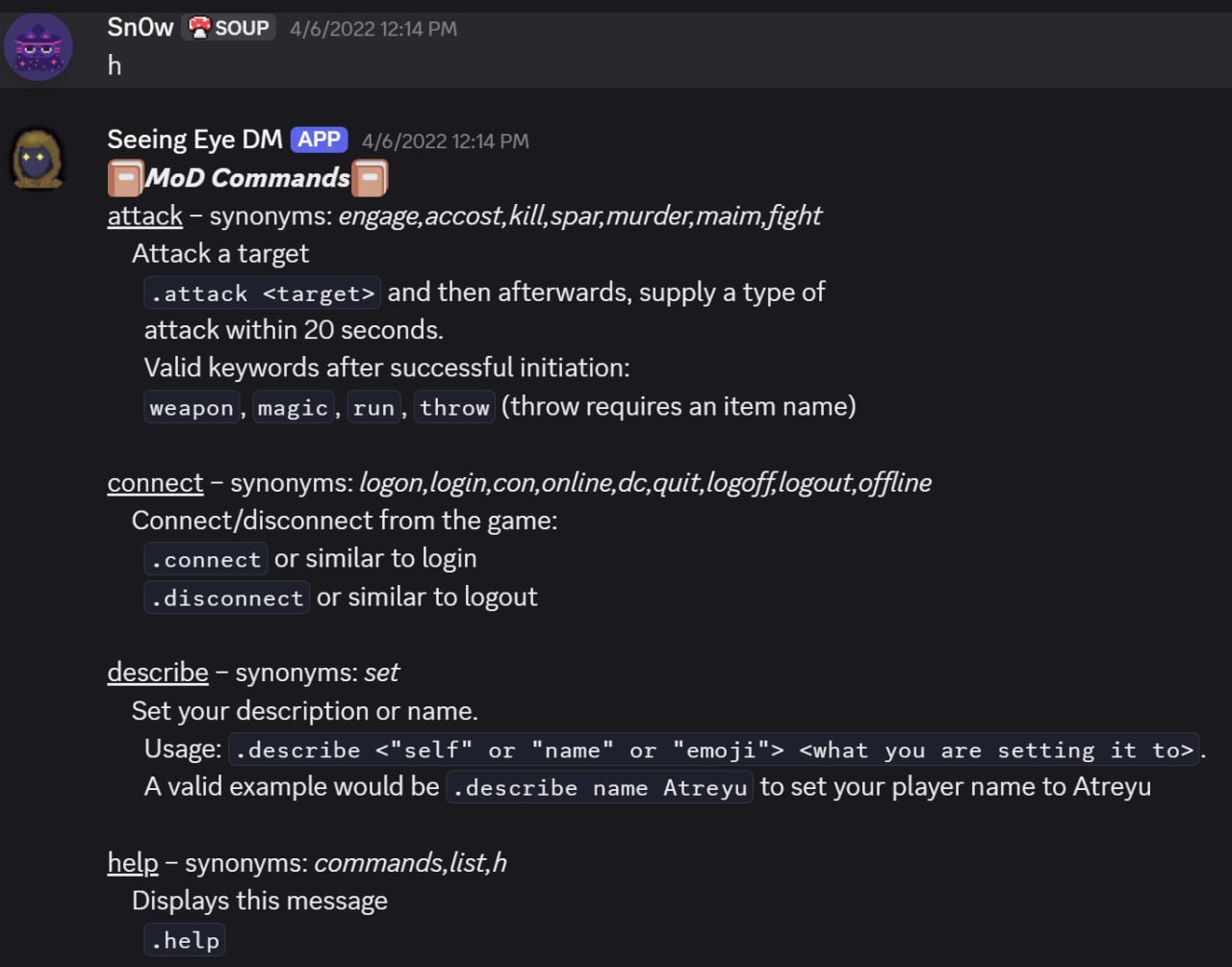 Discord DM: the MoD command help listing