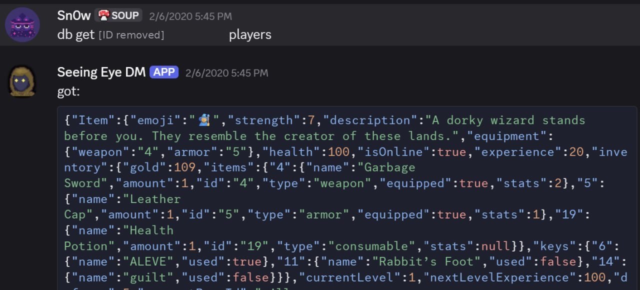 Discord DM: an admin database query returning player JSON